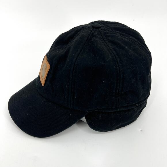 Carhartt Black Flex Ear Flap Cap Hat with Logo Fleece Lined Size Medium Large - Picture 1 of 8
